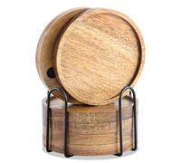 WLWNWFT Acacia Wood Coasters for Drinks with Lip 4.33in, Round Drink Coaster with Holder for Coffee Dining Table Wooden Table Coasters for Farmhouse Desk, Set of 6