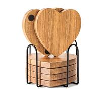 WLWNWFT Acacia Wood Drink Coasters with Holder Heart Shape, Wooden Coasters or Glasses Drinkings Coffee Table Desk Round with Non-Slip Pad Cup Coasters for Home Office Christmas Decor 4 Inch Set of 6