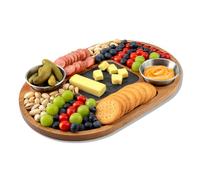 WLWNWFT Acacia Wood Serving Board Wood Serving Platter with Slate 36x24cm 2 Sauces Bowls for Steak Sushi, Steak Plate Slate Serving Plate for Grilling and Serving