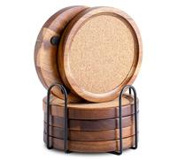 WLWNWFT Wooden Round Coasters, Set of 6 with Holder, Absorbent Acacia Drink Coasters, Natural