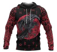 WLXW Men's Viking Hoodie, Nordic Odin Crow Tattoo 3D Printing Sweatshirt, Vintage Pagan Clothing, Autumn Long Sleeve Harajuku Street Pullover,Hoodie,XXL