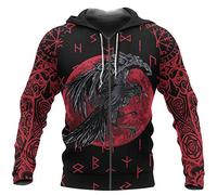 WLXW Men's Viking Hoodie, Nordic Odin Crow Tattoo 3D Printing Sweatshirt, Vintage Pagan Clothing, Autumn Long Sleeve Harajuku Street Pullover,Hoodie ZIP,L