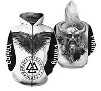 WLXW Men's Viking Pullover Hoodie, Nordic Mythology Odin Crow Viking Tattoo 3D Printing Sweatshirt, Fashion Harajuku Street Long Sleeve Jacket, Customizable,Hoodies Zip,4XL