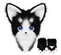 WLYEZAU Japanese Fursuit Animal Mask, Furry Animal Style Hood+Gloves, Wearable Comic Show Costume Accessories Headband(B)