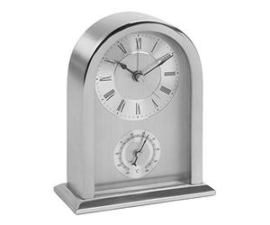 WM Widdop A stunning, brushed aluminium arched mantel carriage clock with Thermometer guage