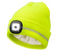Wmcaps Fleece Lined LED Beanie for Men, Reflective Mens Beanie Hat, Type-C Rechargeable Headlamp with 4 LED Lights, High-Visibility Safety Hat with Torch, Warm (Fluorescent Yellow)