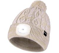 Wmcaps LED Beanie, Hat with a Light Built in Type-c Rechargeable Running Hat Ultra Bright 4 LED Light Hands Freely Head Torch Gifts for Dad Mum in Christmas Unisex Winter Warm Knit Beanie, Beige/White