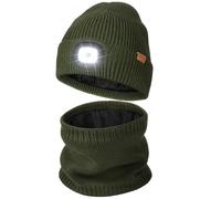 Wmcaps LED Lighted Beanie and Scarf Set with Thick Warm Lining, Soft and Cozy Winter Hat with a Light Built in, Rechargeable USB-C Running Head Torch Hat, Gifts for Men and Women Army Green