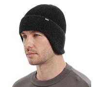 Wmcaps Winter Fleece Line Beanie Hats with Earflap for Men Women, Outdoor Warm Thermal Knitted Stocking Caps, Black, One Size