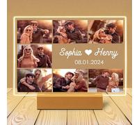 WMDIY Personalised Birthday Gifts for Girlfriend Boyfriend, Customised Acrylic Plaque LED Wood Frame with Photos Night Light, Valentines Christmas Birthday Anniversary Couple Gifts for Her Him