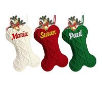 WMDIY Personalised Christmas Stockings for Dog Cat, Custom Bone Shape Knit Christmas Stocking Large 42CM with Name Embroidered, Customised Knit Xmas Hanging Decor, Gifts for Family Kids Pet-3 PCS