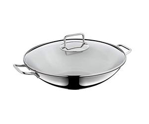 WMF Macao Induction Wok Set, 2 Pieces, Wok Pan 36 cm with Glass Lid, Polished Cromargan Stainless Steel, Uncoated