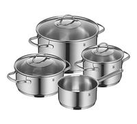 WMF Pot Set 4-Piece Provence Plus Pouring Rim Glass Lid Cromargan® Stainless Steel Polished Suitable for Induction Hobs Dishwasher-Safe, Silver, 52.7 x 28.8 x 21.8 cm