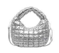 WMFASBAG Women Puffy Handbag Nylon Padded Crossbody Bag Quilted Shoulder Bag (Silver)