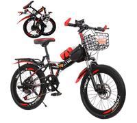 Wmmner 18/20/22/24 inch Ladies City Bike, Folding Bikes for Adults & Kids, Portable Folding Bike for Boys and Girls Aged 8-15, Bicycle with Shock Absorber Dual Disc Brake/Black Red/22In