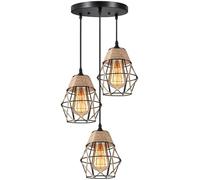 Wmmner 3 Lights Industrial Retro Hemp Rope Light Bedroom Bedside Dining Room Lamp Cafe Rustic Farmhouse Iron Hanging Lamp Ceiling Hanging Lighting Fixture Height Adjustable