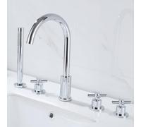Wmmner 5-Hole Bathtub Faucet Set 360° Swivel Mixer Tap with Handheld Shower Handle Modern Black Finish Bathroom Plumbing Fixture/Chrome