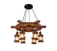 Wmmner Chandelier, V-Intage Antique Distressed Boat Wood Chandelier Restaurant Bar Industrial Style Geometric Round Solid Light Iron 6 Head Ceiling Lighting Fixture Decorative Hanging Lam Led/Clear