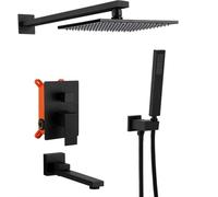 Wmmner Concealed Black with Hose 10 Rain Shower Mixer Set, Rainfall Showers Head Square Copper for Bathroom-A_10 in/D/10 in