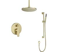 Wmmner Concealed Ceiling Bathroom Brass Round 8-12 inch Brushed Gold Rainfall Shower Faucet with Slide Set, Shower Set,12 inch/1/8 inch