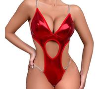 Wmmner Crotchless Lingerie for Women hot One Piece Romper Ladies Sex Front Cut Out Lace See through Lingerie Sets for Women Uk Black Fishnet/Red #3/M