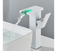 Wmmner Faucet Taps for Bathroom Basin Brass, Colour Changing Led RGB Light Waterfall, Single Handle 1 Hole Hot and Cold Water Mixer,Black,High/Clear,White/High
