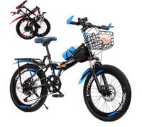 Wmmner Folding Mountain Bikes for Adults & Kids, 18/20/22/24 inch Ladies City Bike, Small Carbon Steel Foldable Bicycle with Shock Absorber Dual Disc Brake Black Blue,20In