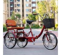 Wmmner Folding Tricycle for the Elderly,Human Powered Pedal Bicycle,Double-Person Trike with Back Seat,3 Wheels Bicycle with Hydraulic Front Fork,Front and Rear Drum Brakes/Wine Red/Integrated Wheel