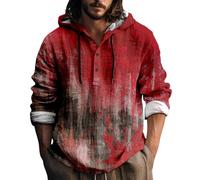 Wmmner Halloween Costumes for Men Bloody Hoodies Linen Contton Tshirts 1/4 Button down Long Sleeve Hooded Sweatshirts Tops/Red3 Halloween Hoodies for Men/Xl