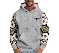 Wmmner Hoodies for Men Aztec Hooded Western Cowboy Bull Head Print Sweatshirts with Pocket Fall Long Sleeve Pullover Tops/Grey Hoodies for Men/XXL