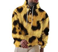 Wmmner Hoodies for Men Leopard Print Hooded Quarter Button Down Sweatshirt with Pocket Hoodie Fall Long Sleeve Pullover Tops/Yellow Hoodies for Men/s
