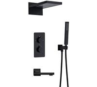 Wmmner Intelligent Constant Temperature Black Brass Concealed Shower Set into The Wall Type Booster Nozzle Waterfall Shower with Handheld Shower, Shower Set,B/1/B