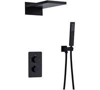 Wmmner Intelligent Constant Temperature Black Brass Concealed Shower Set into The Wall Type Booster Nozzle Waterfall Shower with Handheld Shower, Shower Set,B/1/a