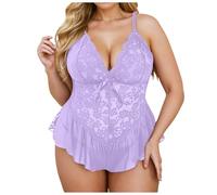 Wmmner Items 1P Bow Lingerie Lace Sleepwear Transparent Deep V Neck Underwear for Women,S-3Xl Plus Size Lingerie 20-22 Deep V Neck See through Bodysuits Jumpsuit/K Purple/L