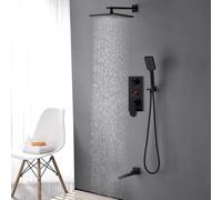 Wmmner Jewelry Black Digital Shower Faucets Set Brass Rainfall Shower Head 3-Way Digital Display Mixer Tap Swivel Tub Spout Bath Shower-10 inch Full Set Earrings Necklace/12 inch Full Set/a