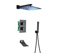 Wmmner Led Shower Systemtatic Concealed Shower Faucet Black Shower Combo Set with Handheld Sprayer and Square Rain Shower Head, Waterfall Tub Spout Tub and Shower Trim K，Type B12 Inches/Type a/10 Inch