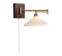Wmmner Pleated Ceramic Wall Sconce Light, Vintage Copper Swinging Arm Pull Cwall Lamp for Bedroom Bedside Living Room Wall Light