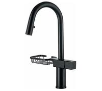 Wmmner Pull Down Kitchen Sink Faucet High Arc 360° Swivel Faucets with 2 Function Out Sprayer Solid Brass Deck Mounted Single Hole Mixer Tap Soap Drainer Shelf(Gray)/Nero/a