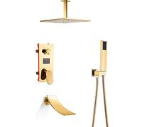 Wmmner Rain Shower System Gold Digital Display Bathroom Shower Faucet Set with Waterfall Tub Spout, Ceiling Mounted Shower Combo Set Brass Rain Mixer Shower with Shower Head, Ha，12 inch/10 inch