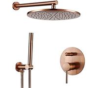 Wmmner Shower Faucet Set Brass Brushed Rose Gold Wall Mount Bathroom Faucet Shower Arm Diverter Mixer Handheld Spray Sets with 8-12" Rain Shower Heads Round Overhead Shower Set,8Inch/1/8Inch