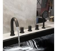 Wmmner Shower Head Bath Mixer Taps 5 Hole Bathtub Edge Hot and Cold 3 Mode Hand Shower 360° Rotation 3 Handle Pull Out Mixer Tap Bathroom Bath Grey