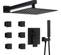 Wmmner Shower System, Wall Mounted Black Bathroom 10-12 inch Square Rainfall Shower Faucet System with 6 Pcs Body Jets Mixer Set, 10 Inch, A, ，A12 inch/a/12 inch