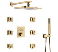 Wmmner Thermostatic Brass Rectangular 12 X 8 inch Rainfall Shower with 6 Pcs Body Jets Mixer Set, Wall Mounted Matte Black Shower Set,Black/1/Brushed Gold