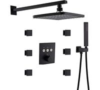 Wmmner Thermostatic Brass Rectangular 12 X 8 inch Rainfall Shower with 6 Pcs Body Jets Mixer Set, Wall Mounted Matte Black Shower Set,Black/1/Black