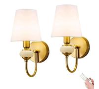 Wmmner Vintage Brass Battery Operated Wall Sconce/Wall Lights Set of 2, No Wires Rechargeable Light Fixtures with Remote & Dimmable Bulb, Powered Lamp for Bedroom Living Room Vanity/B01