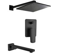 Wmmner Wall Mounted Brass Black Bathroom Rain Mixer Shower Set with 8-12" Square Brass Rainfall Shower Head Diverter Mixer and Tub Taps, Shower Set,12 inch/1/10 inch
