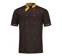 WMOFC Short Sleeve Essential Kitchen Jacket,Double-Breasted Stud Fastening Chef Jacket,Unisex Cook Kitchen Working Uniform Top,Brown,XXL