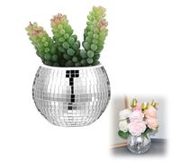 Wmzjnljy 1pc 10cm/4in Disco Ball Planter Disco Ball Vase Glitter Plant Pot Modern Glass Silver Mirror Ball Planter for Table, Party, Bar(U75-1)