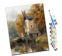 WMZPOY DIY Paint by Numbers Autumn Windmill by The Water with Paint Brushes and Acrylic Painting Kit 16x20 Inch for Kids and Adults Beginner Gifts-Frameless