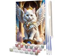 WMZPOY DIY Paint by Numbers for on Canvas Animals Painting Kits for Beginner with 3 Brushes and AcrylicPigmentGift White cat Wings Golden Light 010 for and Adults 16" x 20"